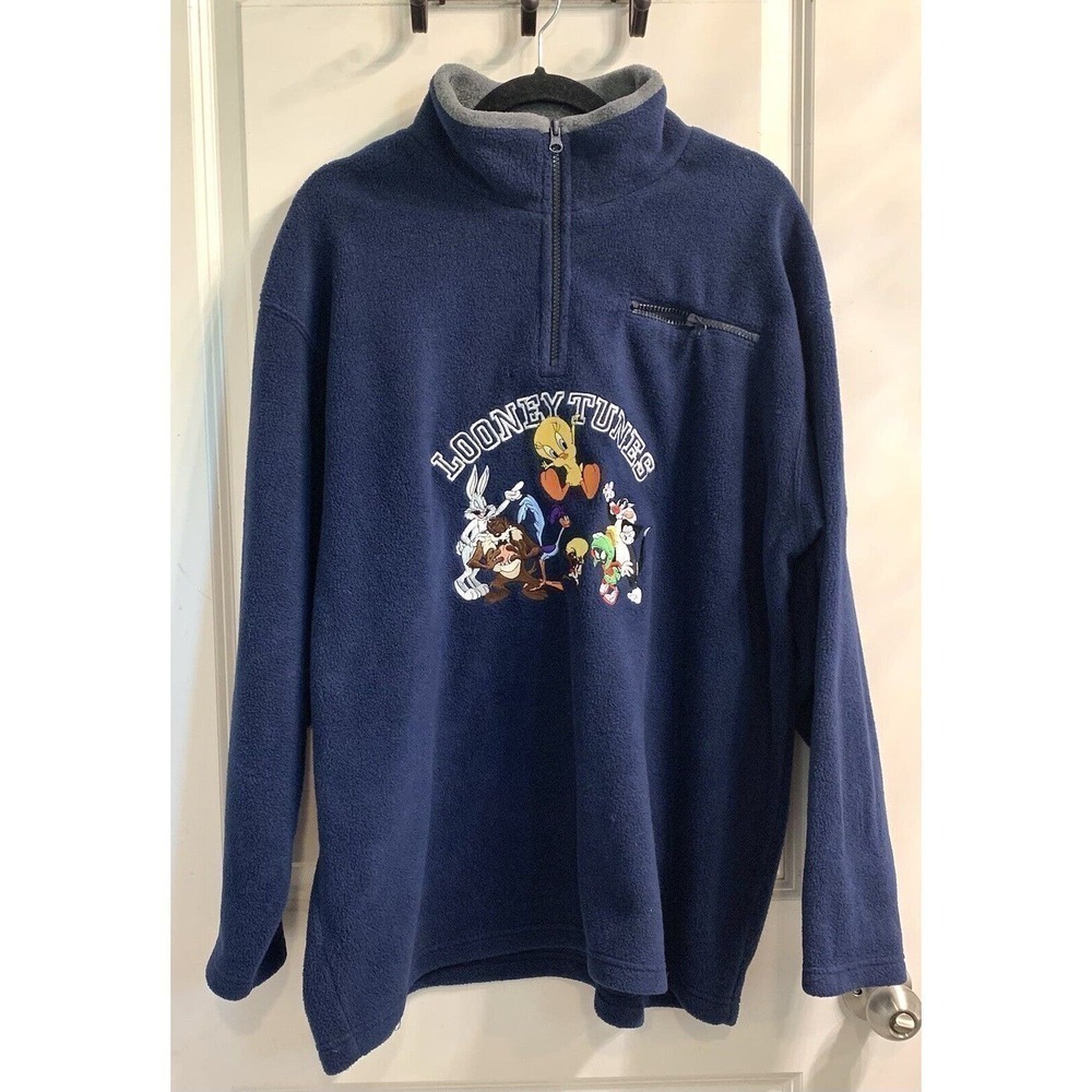 Mens XL Vintage Y2K Sweater Looney Tunes 1/4 Zip Pullover Jumper Cartoon